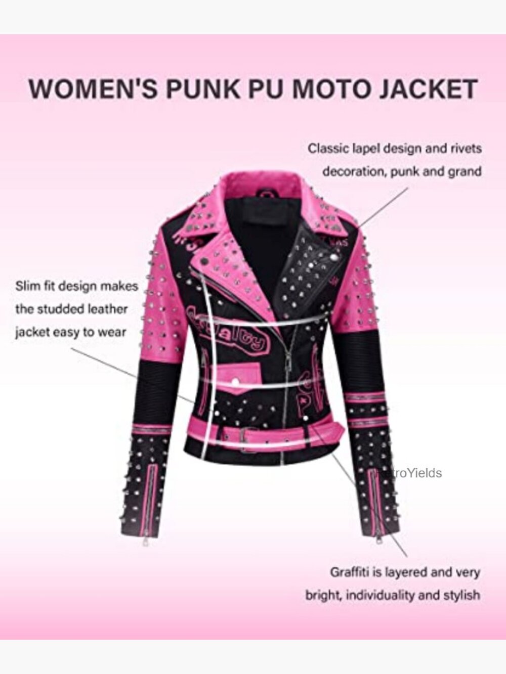 Studded Faux Leather Moto Jacket Belted Windbreaker Streetwear - Picture 5 of 7